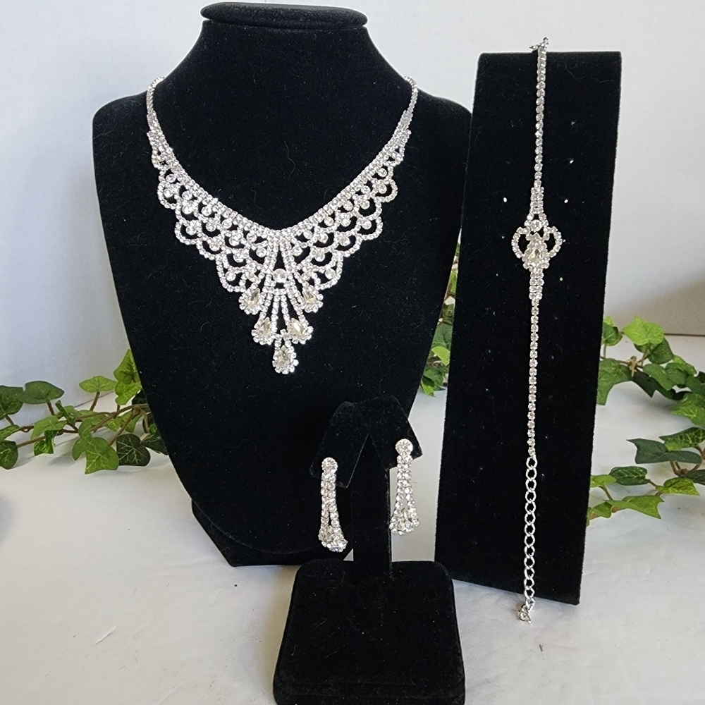 Silver Glam Crystal Rhinestone Necklace Bracelet and Earrings Set